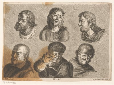İsa ve mumlu bir adam da dahil olmak üzere altı erkek kafası by Johann Georg Hertel (I) (possibly)