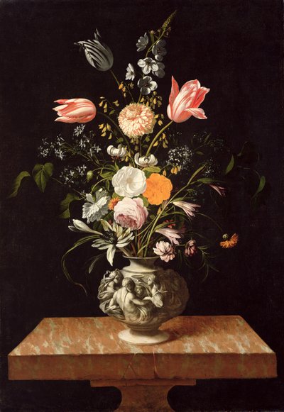 Mermer Masa Üzerinde Rölyefli ve Çiçekli Vazo by Johann Georg Hinz