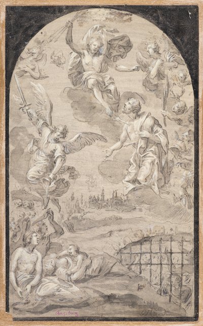 Aziz, Augsburg şehrine yıldırım çarpmaması için İsa#39;ya şefaat ediyor by Johann Georg Melchior (1625 1705) Schmittner