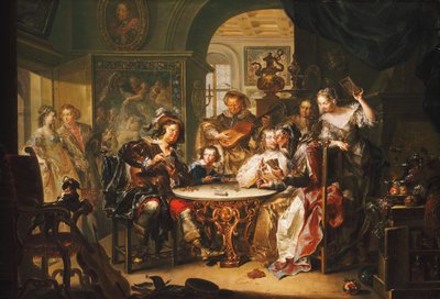 Görkemli bir iç mekanda yaşlı bir bayanla kartlarda hile yapan bir beyefendi, by Johann Georg Platzer