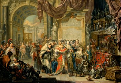 ""Cresus (596-546 avant JC) montre ses tresors a Solon (640-558 av. JC)"" - Krois ve Solon - Bakır üzerine yağlı boya, Johann Georg Platzer (1704-1761) - Devlet Sanat Galerisi, Dresden by Johann Georg Platzer