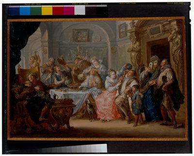 Maskeli balo kostüm ziyafetinde zarif figürlerin olduğu iç mekan by Johann Georg Platzer