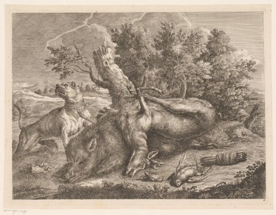 Domuz, geyik ve kuşlar ile av köpeği ve ganimet Av Çizmeleri (seri başlığı) by Johann Georg Wachsschlunger