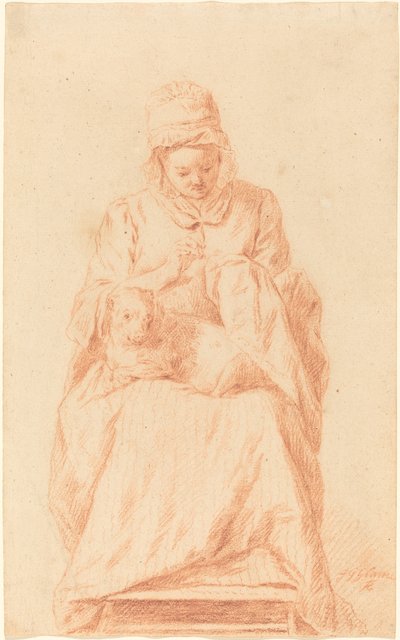 Kucağında Dinlenen Bir Köpekle Dikiş Diken Genç Kadın by Johann Gottlieb Glume