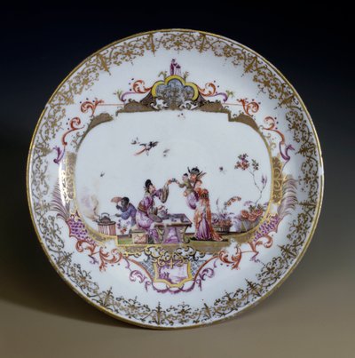 Alman Sanatı: Meissen Porselen. Çay içen Asyalı karakterleri temsil eden Chinoiserie. Johann Gregor Hoeroldt (veya Herold 1696-1775) tarafından dekore edilmiş daire, yaklaşık 1730. Paris, Dekoratif Sanatlar by Johann Gregor Herold