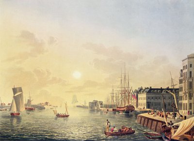 Liman ve liman manzarası, Le Havre, 19. yüzyılın başlarında (renkli gravür) by Johann Heinrich (after) Luttringshausen