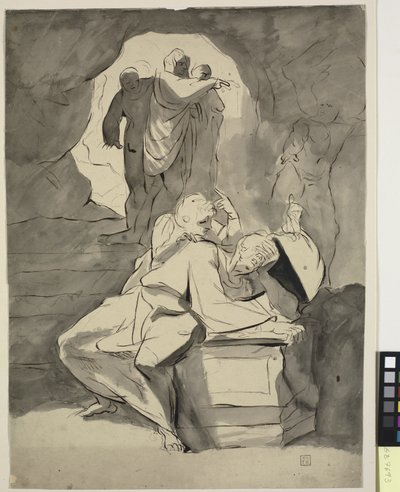 Diğer figürlerle bir mağarada bir mezar taşı üzerinde umutsuzluk içinde bir adam by Johann Heinrich Füssli