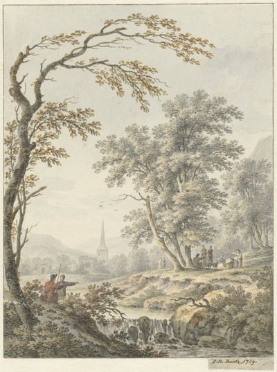 Uzaktan bir şelale ve bir kilise ile manzara by Johann Heinrich Muntz