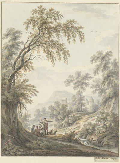 Uzaktan bir şelale ve bir kale ile manzara by Johann Heinrich Muntz