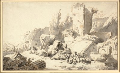 Klasik harabelerin yanında ailesi ve sığırlarıyla bir çoban by Johann Heinrich Roos
