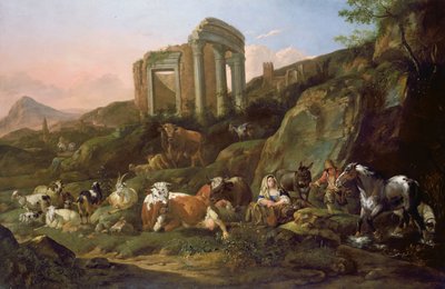 Klasik bir manzarada çiftlik hayvanları, 1684 by Johann Heinrich Roos
