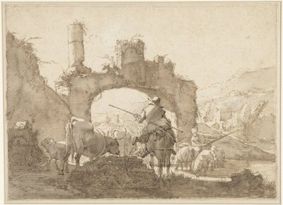 İki Çoban Sığırlarını Nehirden Geçiriyor by Johann Heinrich Roos