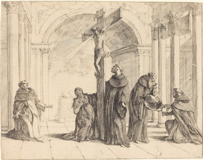 Aziz Thomas Aquinas, Mary Magdalene, Albertus Magnus ve Diğerleri ile Kilisede Bir Haç by Johann Heinrich Schönfeld
