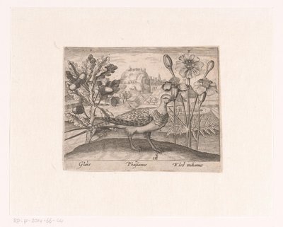 Bir Manzarada Çiçekler ve Hayvanlar ile Baskı Serisi Meşe, sülün ve krizantem ile manzara Hayvanlar, bitkiler ve çiçeklerle dolu manzaralar (dizi başlığı) by Johann Hogenberg