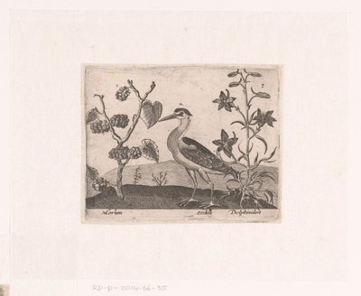 Bir Manzarada Çiçekler ve Hayvanlar ile Baskı Serisi Balıkçıl ve larkspur ile manzara Hayvanlar, bitkiler ve çiçeklerle dolu manzaralar (dizi başlığı) by Johann Hogenberg