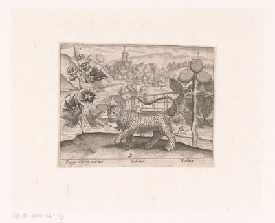 Bir Manzarada Çiçekler ve Hayvanlar ile Baskı Serisi Gülhatmi, leopar ve erik ağacı ile manzara Hayvanlar, bitkiler ve çiçeklerle dolu manzaralar (dizi başlığı) by Johann Hogenberg