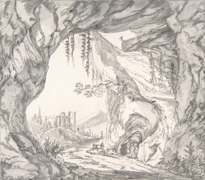 Bir Kale Harabeleri ve Mağarada Üç Adam ile Dağlık Manzara..., 18. yüzyılın sonu - 19. yüzyılın başı. by Johann Huber