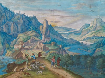 Nehir vadisi ve rakamlarla akşam karanlığında dağ manzarası, 1640. by Johann Jacob Besserer
