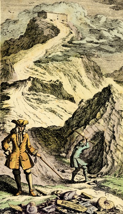 Paleontoloji: İsviçreli doğa bilimci Johann Jakob Scheuchzer (1672-1733), İsviçre dağlarında fosiller sayesinde Evrensel Tufan'ın izlerini keşfetti. “Museum Diluvianum”dan gravür by Johann Jakob Scheuchzer