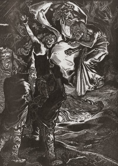 Macbeth ve Banquo üç cadıyla tanışıyor, 20. yüzyıl (gravür) by Johann Joseph Aarts