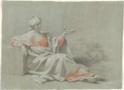 Bir kase ile genç kadın, açık havada oturmuş by Johann Justin Preissler