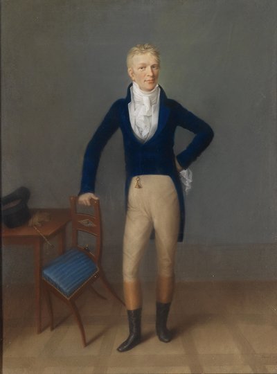 Bir sandalyenin arkasına yaslanmış, kostüm giymiş sarı saçlı bir beyefendinin tam boy portresi by Johann Lorenz Kreul