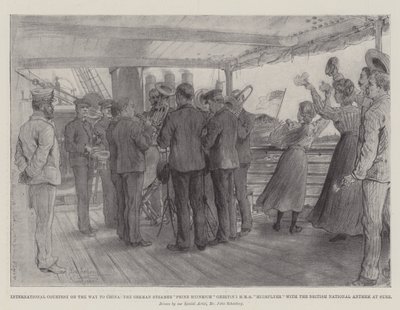 Çin Yolunda Uluslararası Nezaket, Alman Buharlı Gemi Prinz Heinrich, Süveyş'te İngiliz Ulusal Marşı ile HMS Highflyer'ı selamlıyor by Johann Nepomuk Schonberg