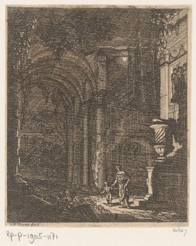 İki figür antik kalıntıları bir meşale ile aydınlatıyor Antik kalıntılar ve binalar (dizi başlığı) Alcune Inventione de Ruini et Architectura (...) (dizi başlığı) by Johann Oswald Harms