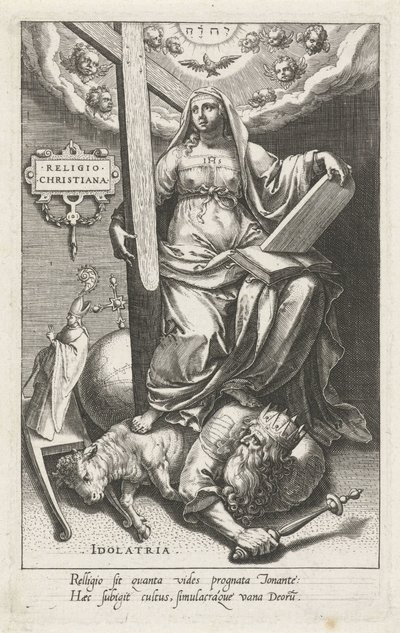 Hristiyan Dini (Religio Christiana) Putperestliğin Üstesinden Geliyor (Idolatria) Din Christiana (nesne üzerindeki başlık) Erdemler kötülükleri yener (dizi başlığı) by Johann Sadeler (I)
