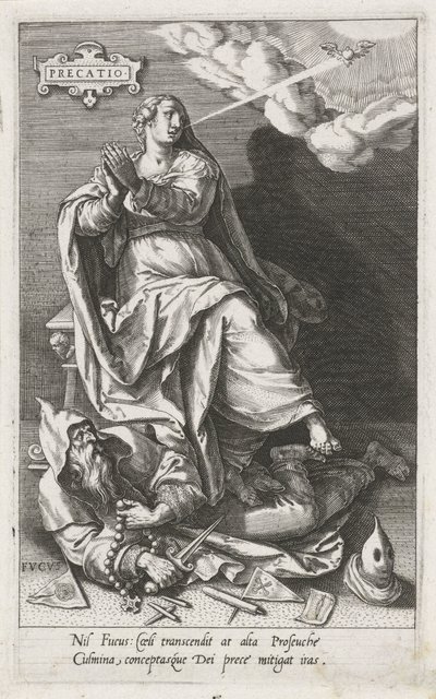 Dua (Precatio) İkiyüzlülüğü Fetheder (Fucus) Precatio (nesne üzerindeki başlık) Erdemler kötülükleri yener (dizi başlığı) by Johann Sadeler (I)