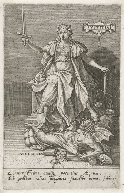Adalet (Justitia) Şiddeti Aşar (Violentia) Adalet (nesne üzerindeki başlık) Erdemler kötülükleri yener (dizi başlığı) by Johann Sadeler (I)