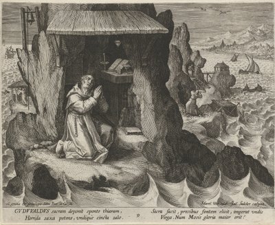 Galler Aziz Gudwal Hermit olarak Münzevilerin Erdemli Hayatları (dizi adı) Trophaeum vitae solitariae (seri başlığı) by Johann Sadeler (I)