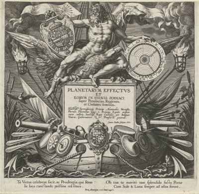 Jüpiter en een oorlogsschip bir araya geldi het wapen van Alessandro Farnese Titelprent van een prentserie üzerinde de invloed van de planeten üzerinde streken üzerinde Gezegenler ve burçlar üzerindeki etkileri (dizi adı) Zodyak burçlarında gezegenlerin ve by Johann Sadeler (I)