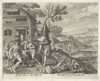 Lemek ve iki karısı Boni et mali scientia (dizi adı) by Johann Sadeler (I)