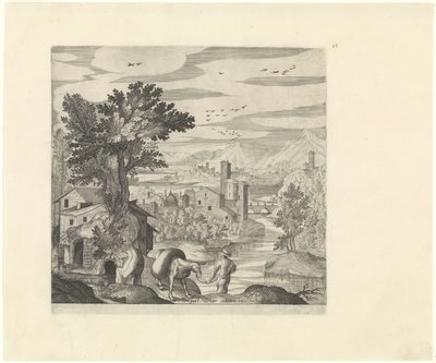 Bir çiftçi ve eşeği ile manzara İtalyan manzaraları (dizi başlığı) by Johann Sadeler (I)