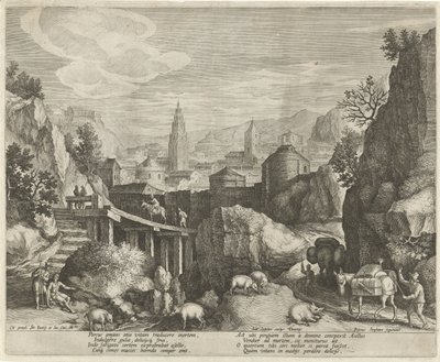 Eşek ve yaban domuzu masalı ile kayalık manzara Bir manzaradaki amblemler (seri başlığı) by Johann Sadeler (I)