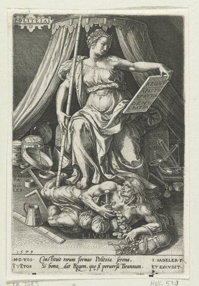 Devlet sanatı (Politeia) Kıskançlığı (Livor) fetheder Politeia (nesne üzerindeki başlık) Erdemler kötülükleri yener (dizi başlığı) by Johann Sadeler (I)