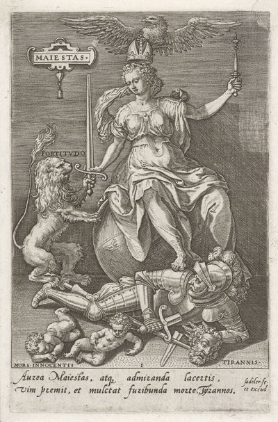 Haysiyet (Majestas) Tiranlığı (Tyrannis) yener Maiestas (nesne üzerindeki başlık) Erdemler kötülükleri yener (dizi başlığı) by Johann Sadeler (I)