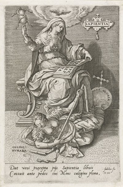 Bilgelik (Sapientia) İnsan Şaşkınlığının Üstesinden Geliyor (Caligo Humana) sapientia (nesne üzerindeki başlık) Erdemler kötülükleri yener (dizi başlığı) by Johann Sadeler (I)