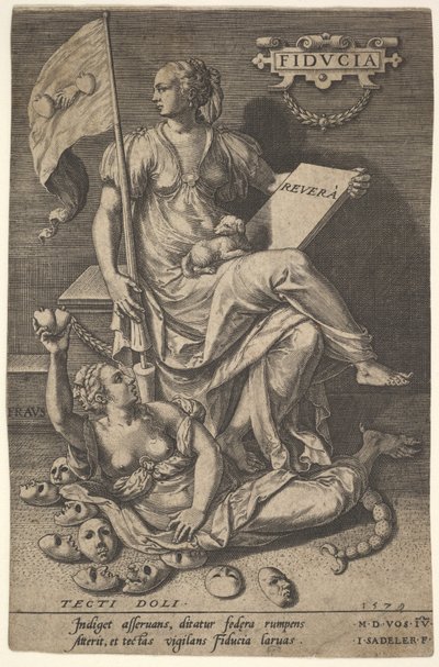 Fiducia, oturan bir kadın, bir kitap ve bir pankart tutarken başını çıplak bir brülden çevirirken..., 1579. by Johann Sadeler I