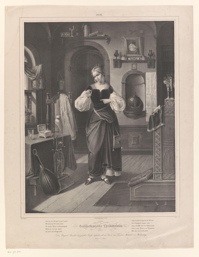 Elinde yüzük olan kadınla iç mekan Goldschmied'in Töchterlein'i (nesne üzerindeki başlık) Kuyumcunun kızı (dizi başlığı) by Johann Sprick