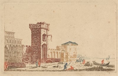 [Biri] Altı Renkli Kale, Harabe ve Deniz Manzarası Gravürü by Johann Teyler
