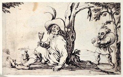 Taşralı oturmuş kendini tazeliyor ve gaydalı bir cüce (kağıt üzerinde kalem ve mürekkep) by Johann Wilhelm Baur