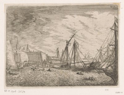 Bir şehir duvarının önünde yelkenli gemiler ve kadırgalar ile liman manzarası Liman görünümleri (dizi başlığı) by Johann Wilhelm Baur