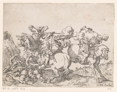 Atlı iki silahşör bir biniciye ateş ediyor Savaş sahneleri (dizi adı) Capricci di varie battaglie (dizi adı) by Johann Wilhelm Baur