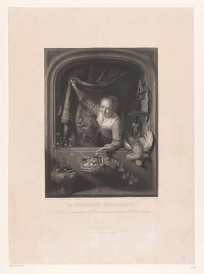 Pencerenin yanında elinde meyve sepeti olan kadın La menagerè Hollandaise (nesne üzerindeki başlık) by Johann Wilhelm Kaiser (I)