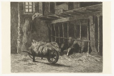 İnekler ve samanlı el arabası ile ahırın içi by Johanna Henriëtte Besier