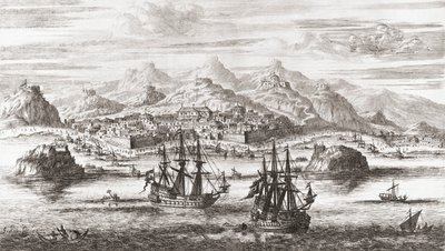 17. yüzyılda Maskat, Umman önünde Hollanda gemileri (baskı) by Johannes (after) Kip