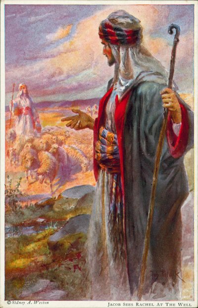 Jacob kuyunun başında Rachel#39;ı görüyor (renkli litho) by Johannes Adolf Tillack