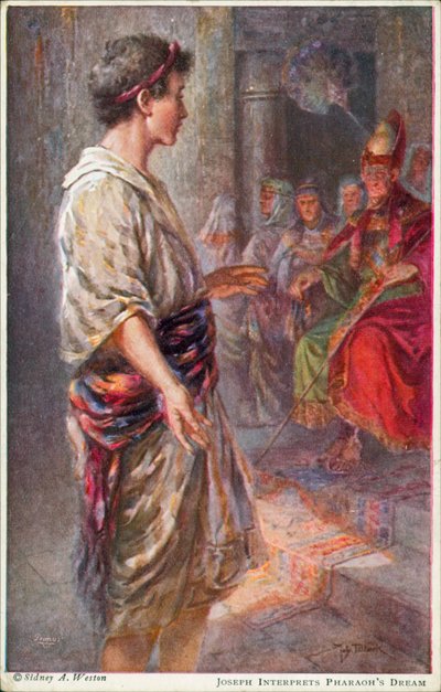 Yusuf, Firavun#39;un rüyasını yorumluyor, Yaratılış 41:25 (renkli taşbaskı) by Johannes Adolf Tillack